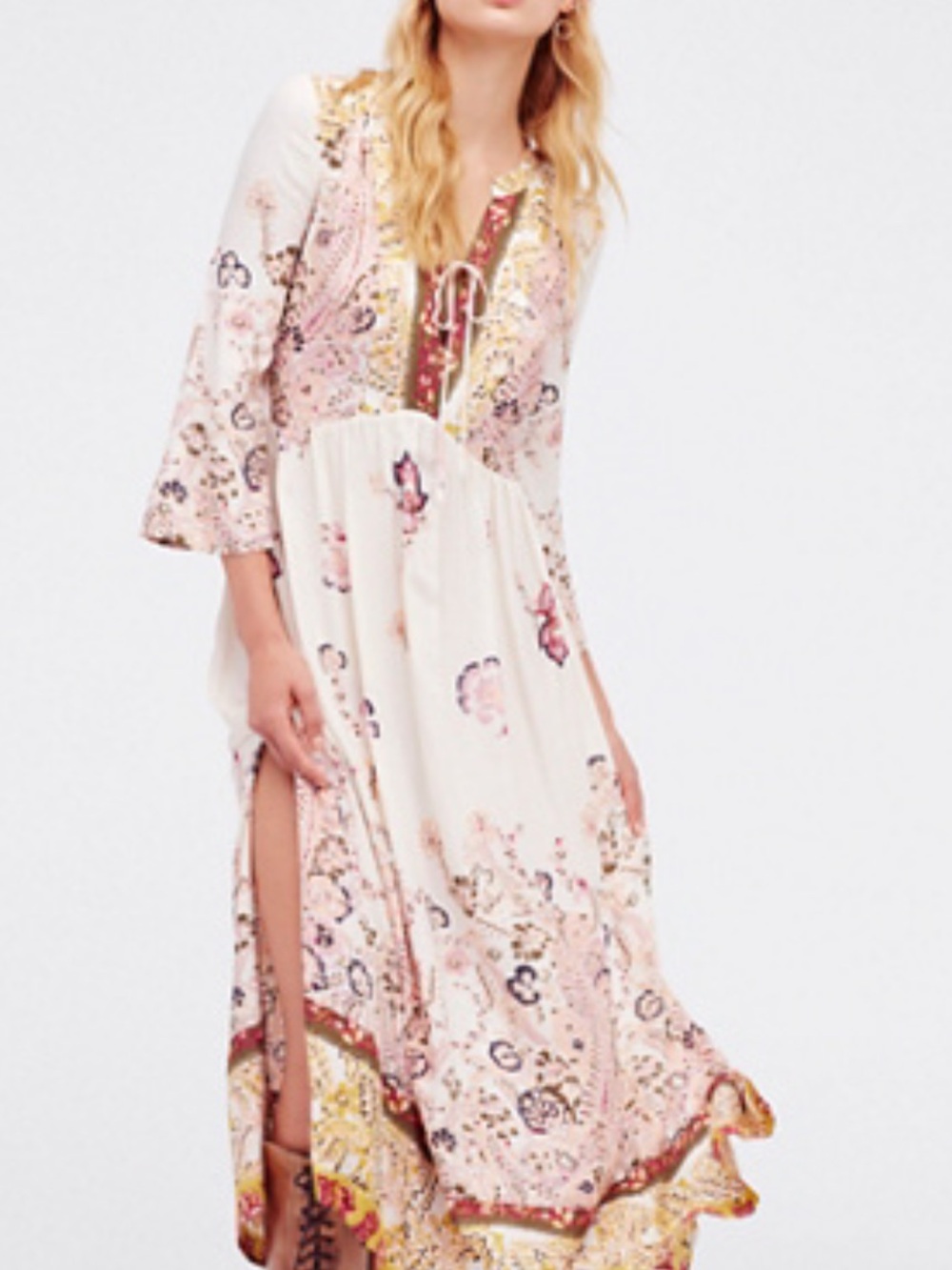 Free People “If You Only Knew” Boho Floral Maxi Dress in Cream and Pink